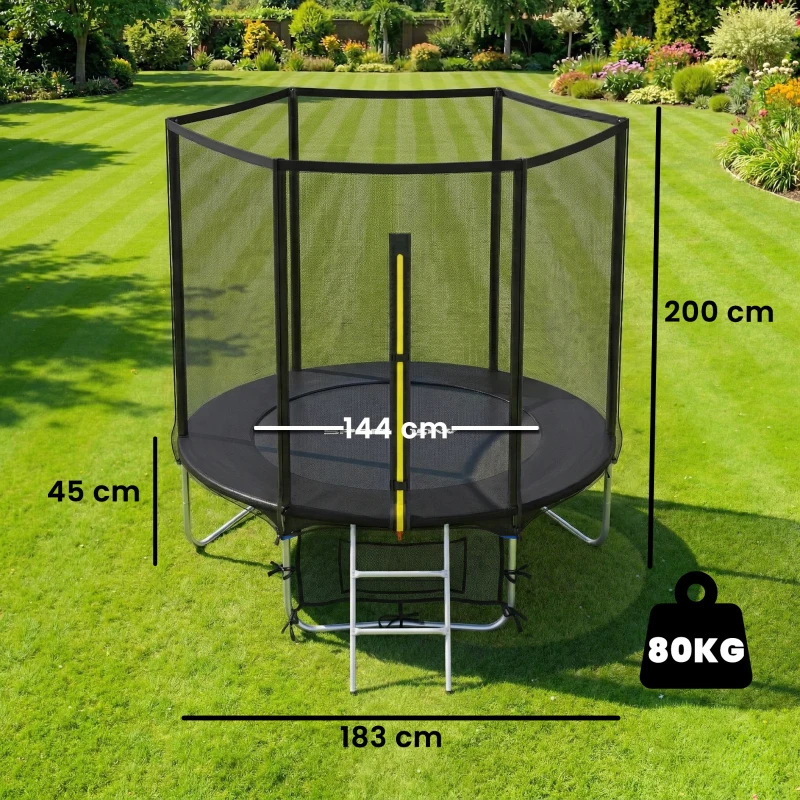 SPORTNOW Cama Elástica Exterior Ø183 cm Trampolín para Niños +6 Años Adultos con Red de Seguridad Escalera de 2 Peldaños Negro