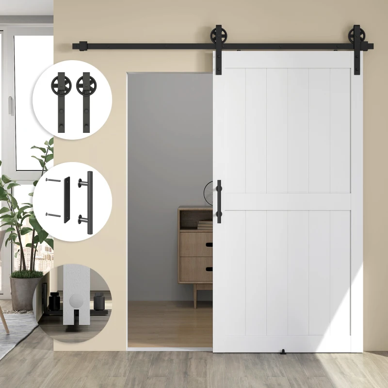 HOMCOM 213.4cm Sliding Barn Door Kit, Sliding Door with Track, Hardware, Upgraded Rollers and Floor Guide, Handle, White