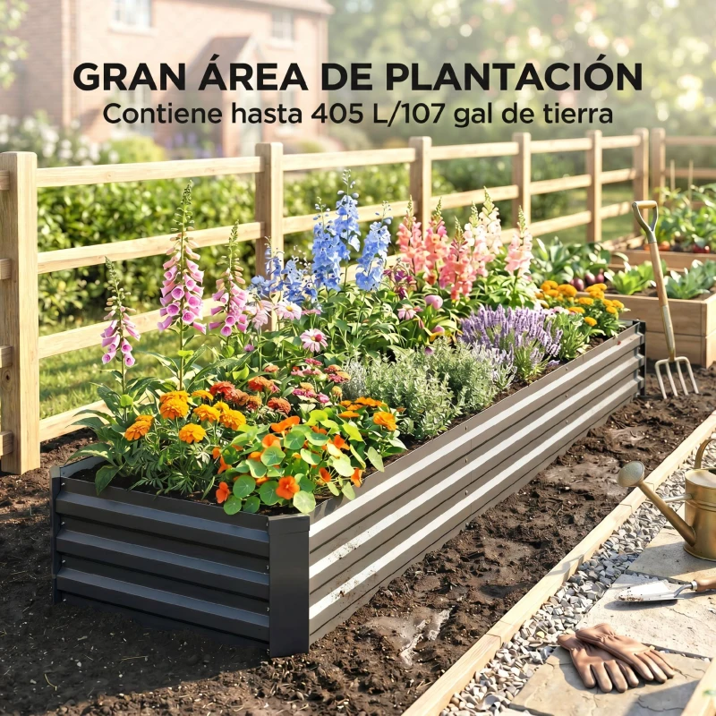 Outsunny Jardinera Exterior Grande Rectangular de Acero Galvanizado Huerto Urbano con Base Abierta 240x60x30 cm Gris Oscuro