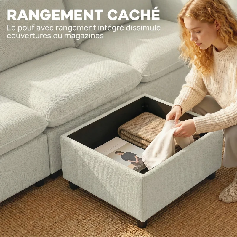 HOMCOM Canapé 3 places avec pouf de rangement, canapé d'angle modulable 212 cm, coussins à ressorts, tissu en lin, crème