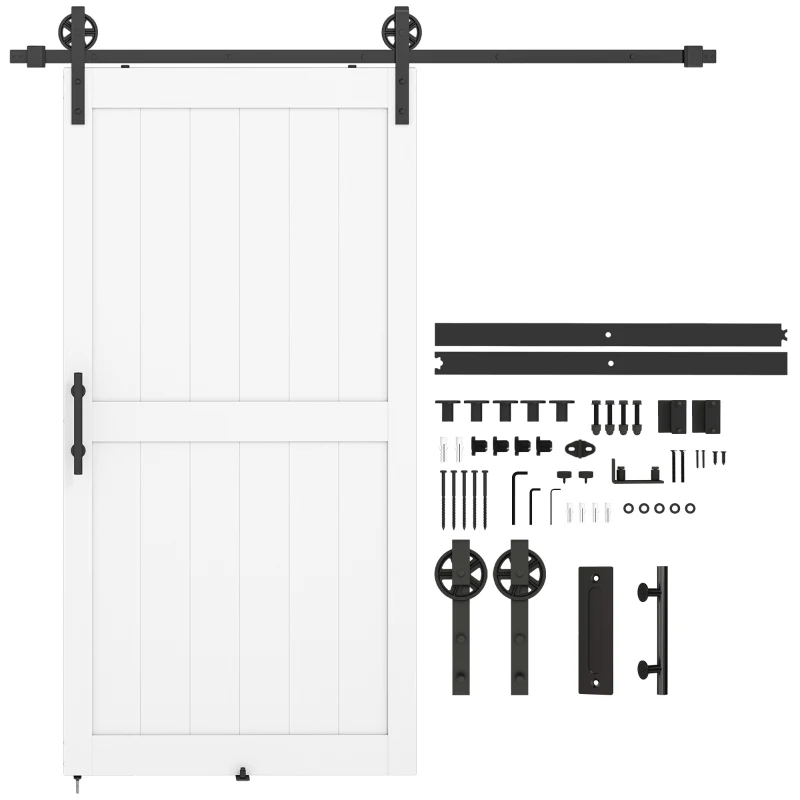 HOMCOM 213.4cm Sliding Barn Door Kit, Sliding Door with Track, Hardware, Upgraded Rollers and Floor Guide, Handle, White