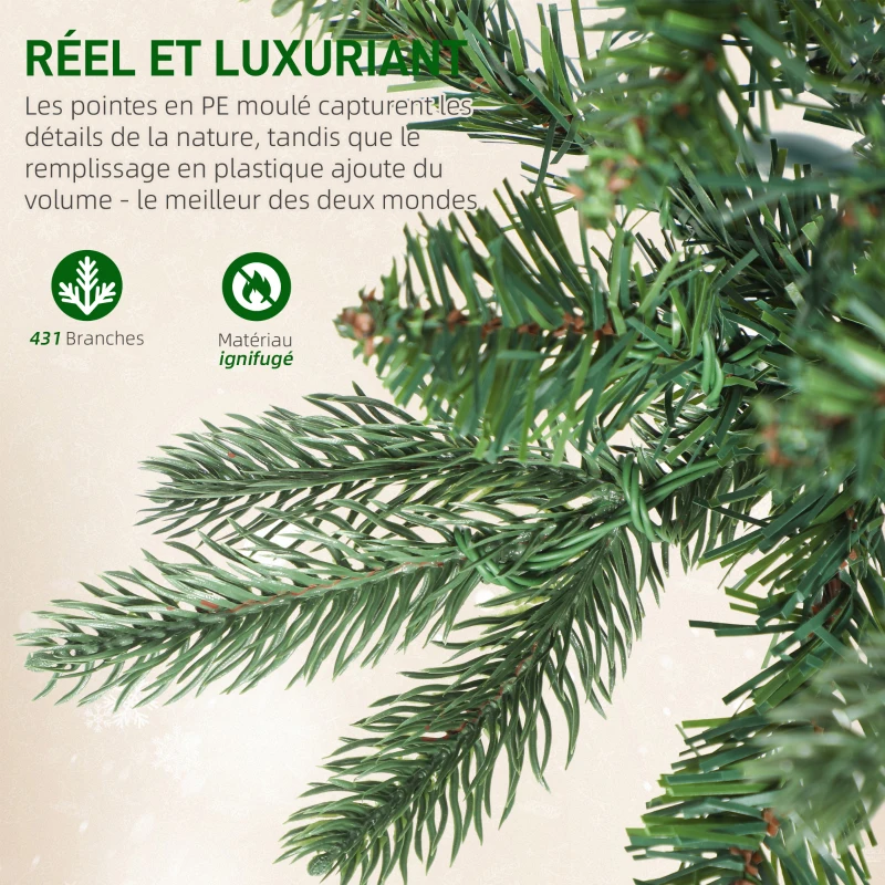 HOMCOM Sapin de Noël artificiel 150 cm, arbre de Noël slim avec 150 lumières 8 modes d'éclairage 431 branches articulées, vert