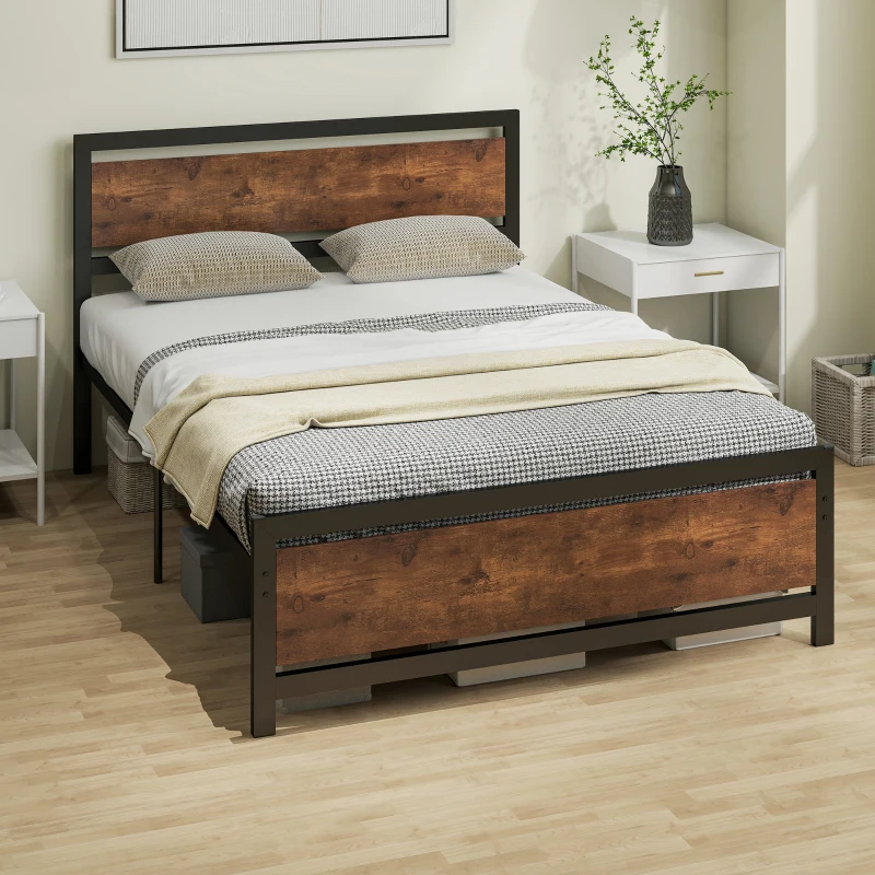 HOMCOM Cadre de lit double en acier avec sommier et tête de lit compatible matelas 190 x 140 cm brun rustique