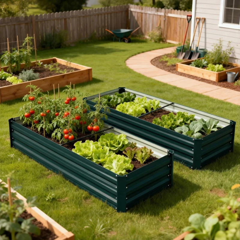 Outsunny Jardinière rectangulaire potager de jardin en acier galvanisé bordure de sécurité et fond ouvert 150x70x30cm vert
