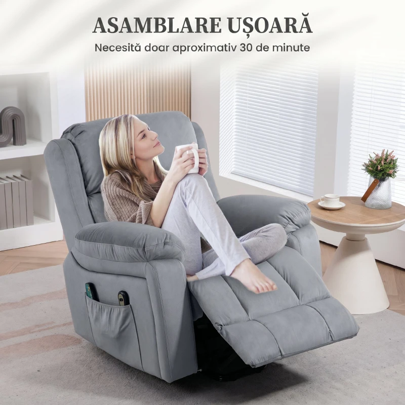 HOMCOM Fotoliu Recliner cu 8 Puncte de Masaj și Buzunar pentru Depozitare, din Piele Ecologică și Oțel, 90x95x103 cm, Gri