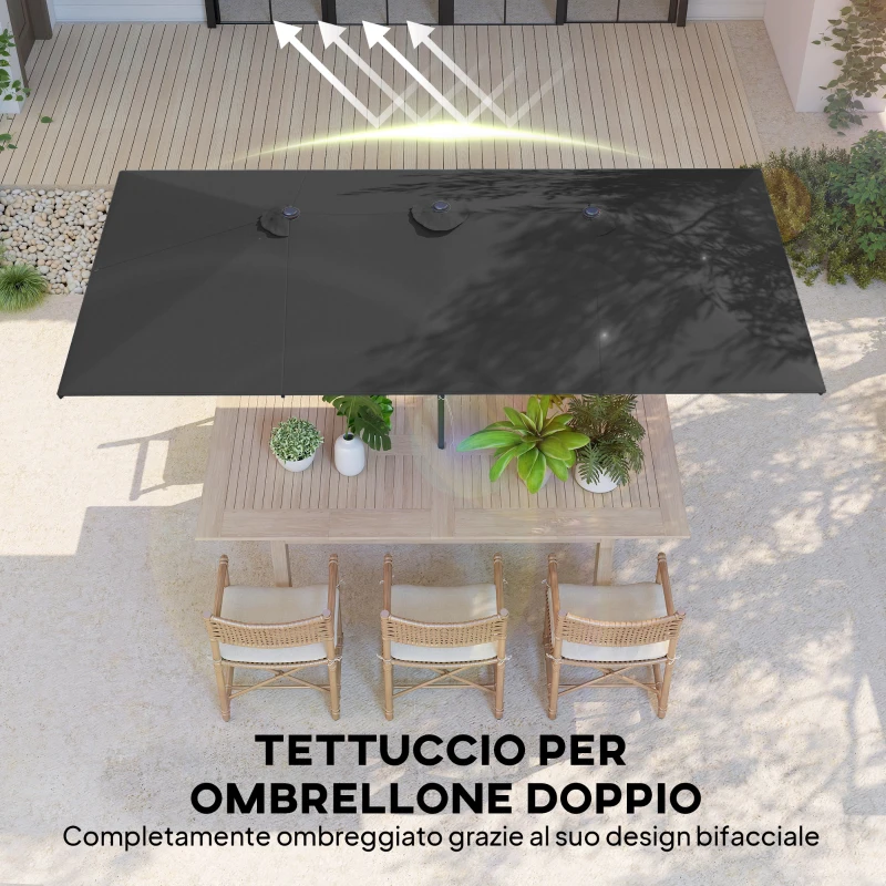 Outsunny Ombrellone Doppio Inclinabile e Regolabile con Cordicella, in Poliestere e Metallo, 150x295x170-214 cm, Grigio