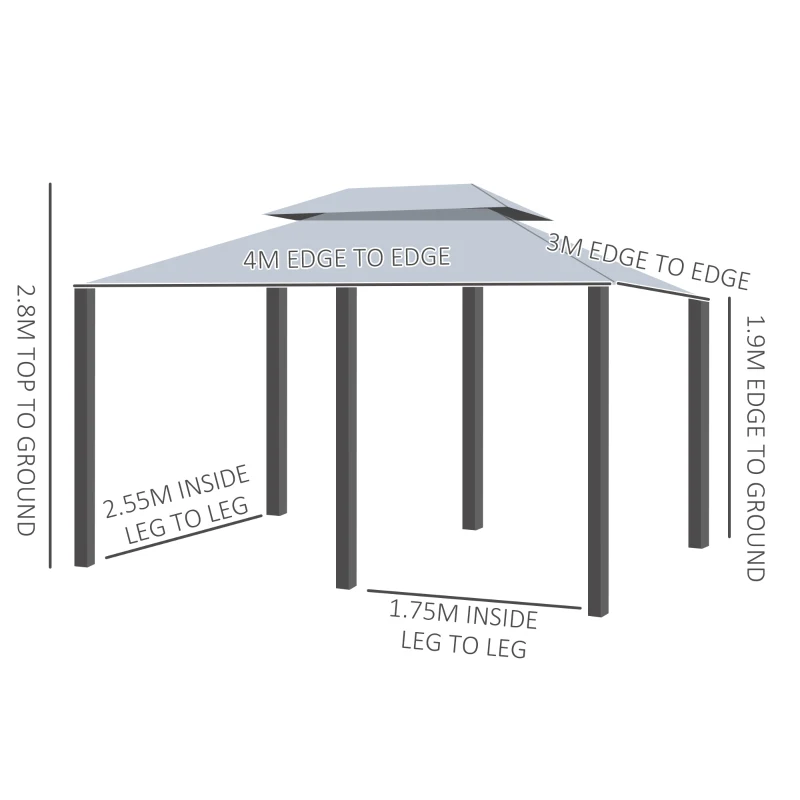 Outsunny 4m x 3(m)Garden Gazebo, Double Roof Outdoor Gazebo Canopy Shelter with Curtains, Solid Steel Frame for Patio, Garden, Grey