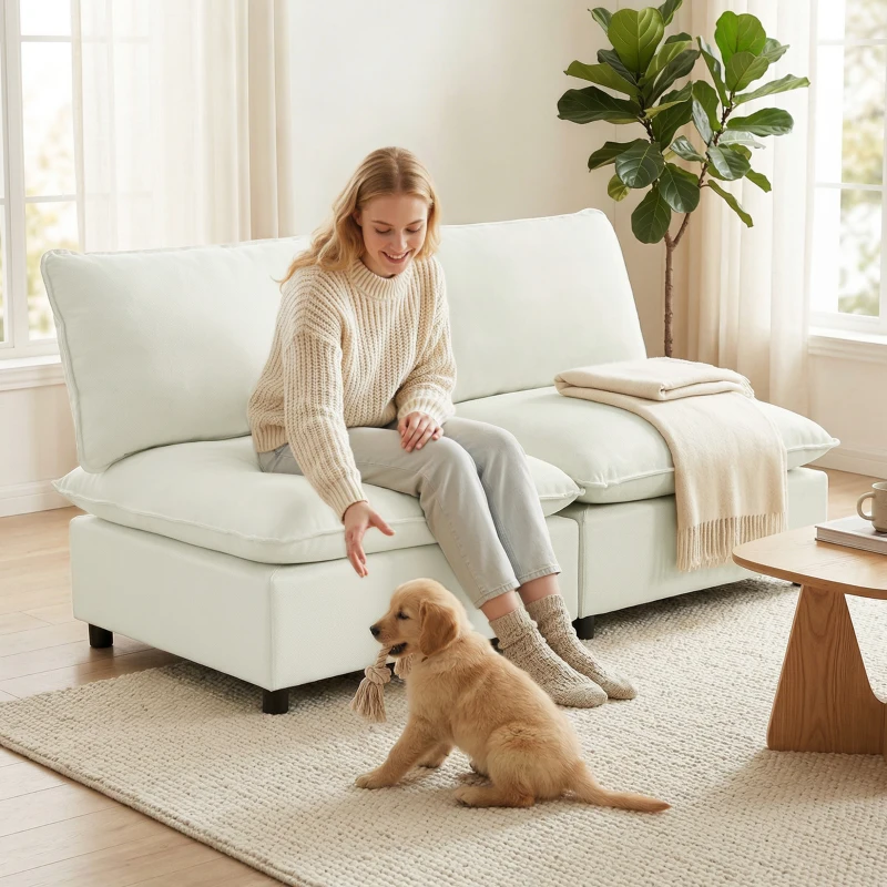 HOMCOM Canapé 2 places modulable, canapé de salon moderne 146 cm sans accoudoirs avec assise large, coussins épais, crème