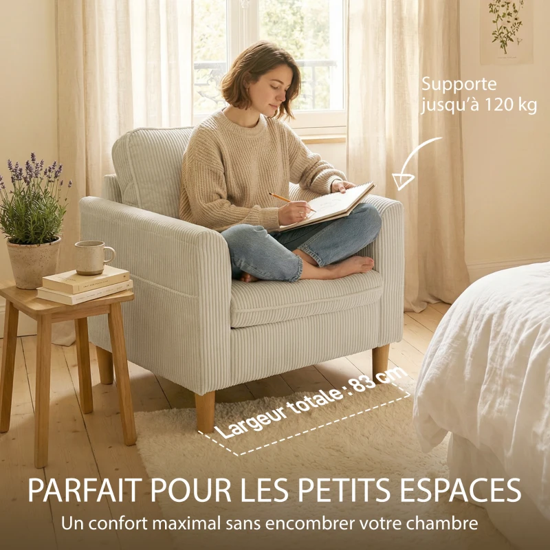 HOMCOM Fauteuil de salon en velours côtelé, canapé 1 place rembourré avec assise large et coussin à ressorts, 83x74x87cm, beige