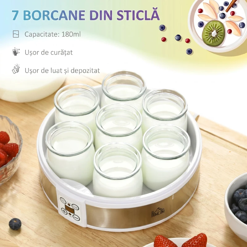 HOMCOM Aparat pentru iaurt 20W de 1.5L cu 7 borcane și afișaj cu butoane, din oțel inoxidabil și plastic, 24x24x13 cm, alb