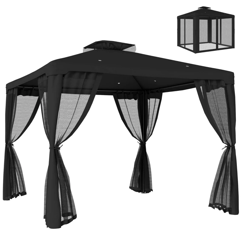 Outsunny 3 x 3 m Metal Gazebo, Garden Pavillion, Double Roof Outdoor Canopy Shelter with Mesh Sidewalls, Black