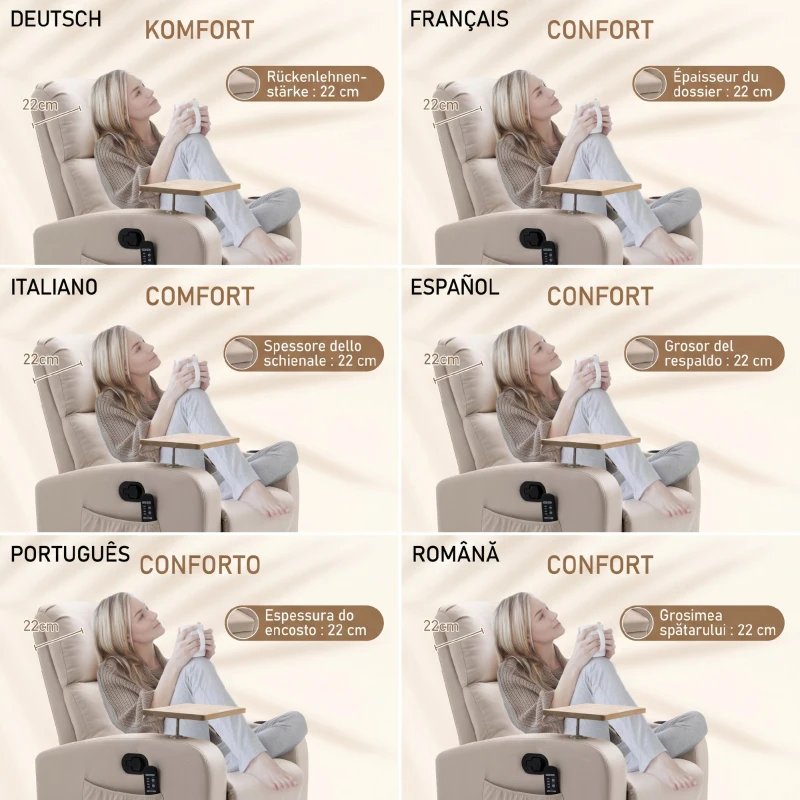 HOMCOM Fotoliu Masaj și Reclinabil cu Suport pentru Picioare și Telecomandă, din Microfibră, 77x93x105 cm, Bej