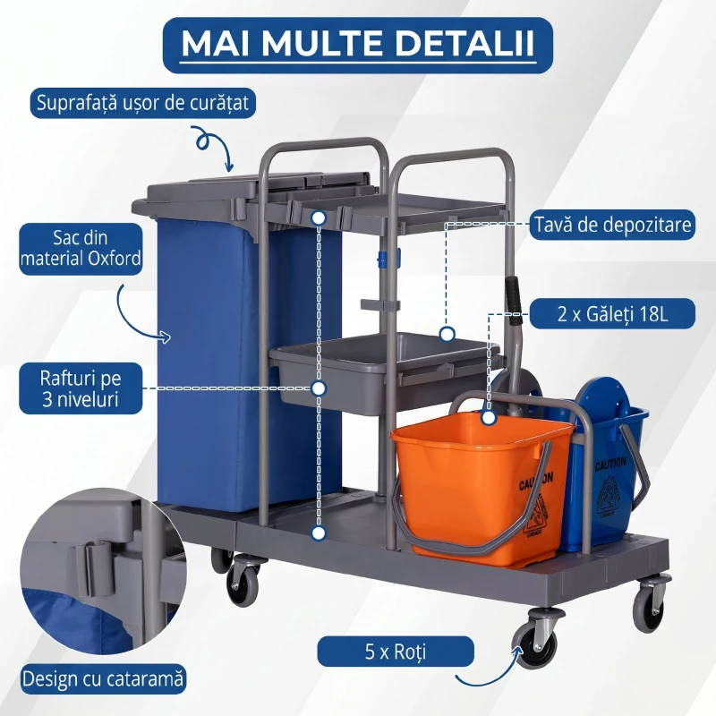 HOMCOM Căruț de curățenie cu 3 rafturi, sac pentru gunoi și storcător, 111x63.3x103 cm, gri-albastru și portocaliu