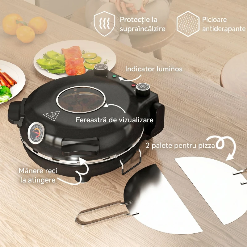 HOMCOM Cuptor electric pentru pizza 1200W cu fereastră transparentă, timer și reglare a temperaturii, negru