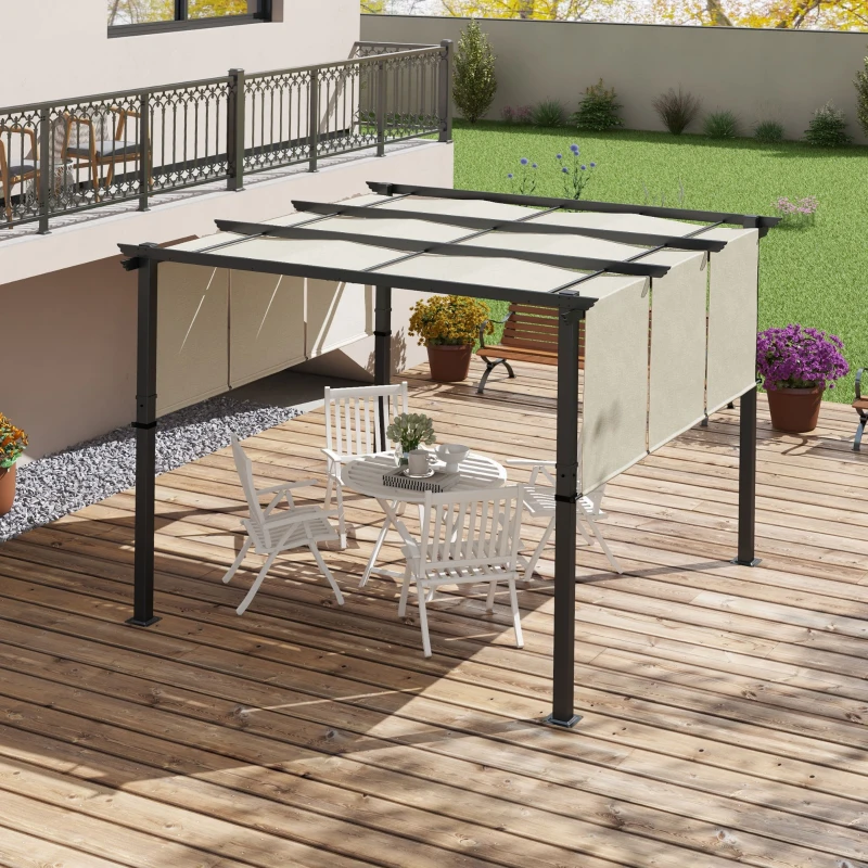 Outsunny Pergola avec 3 toiles coulissantes 3 x 3 x 2,38 m structure acier noir toile polyester haute densité beige