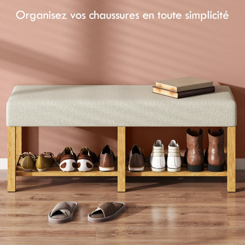 HOMCOM Banc à chaussures, banc de rangement avec siège rembourré, étagère ouverte, bois d'hévéa, 120x44x48cm, bois naturel