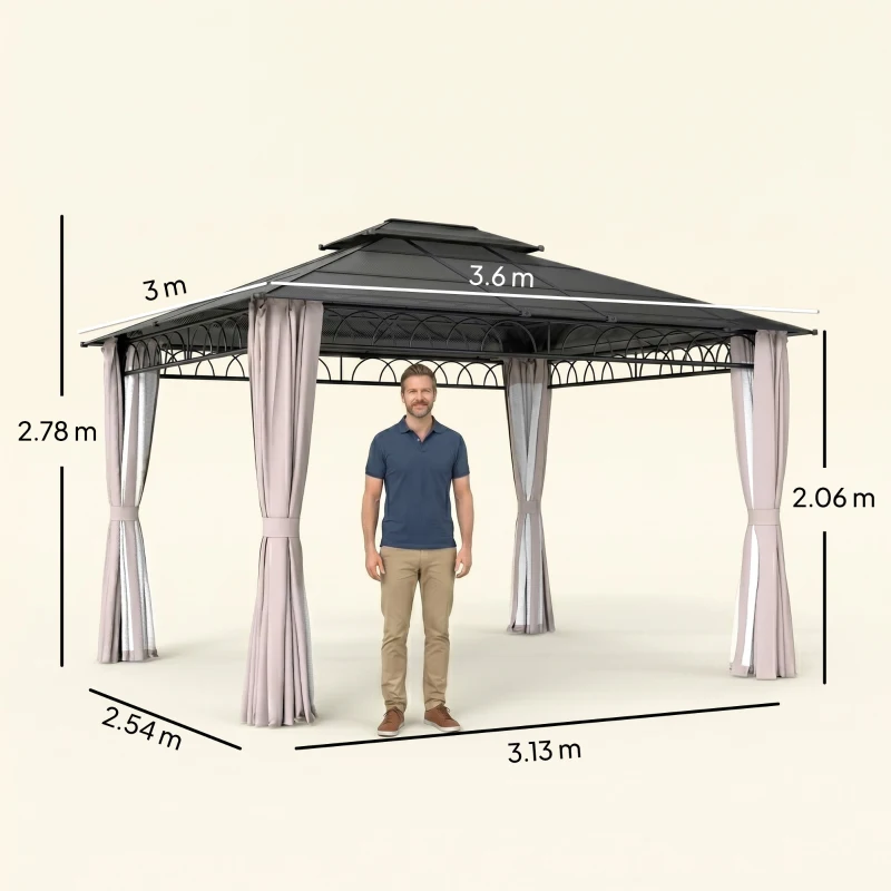 Outsunny 3.6 x 3 (m) Outdoor Polycarbonate Gazebo, Double Roof Hard Top Gazebo with Nettings & Curtains for Garden, Lawn, Patio