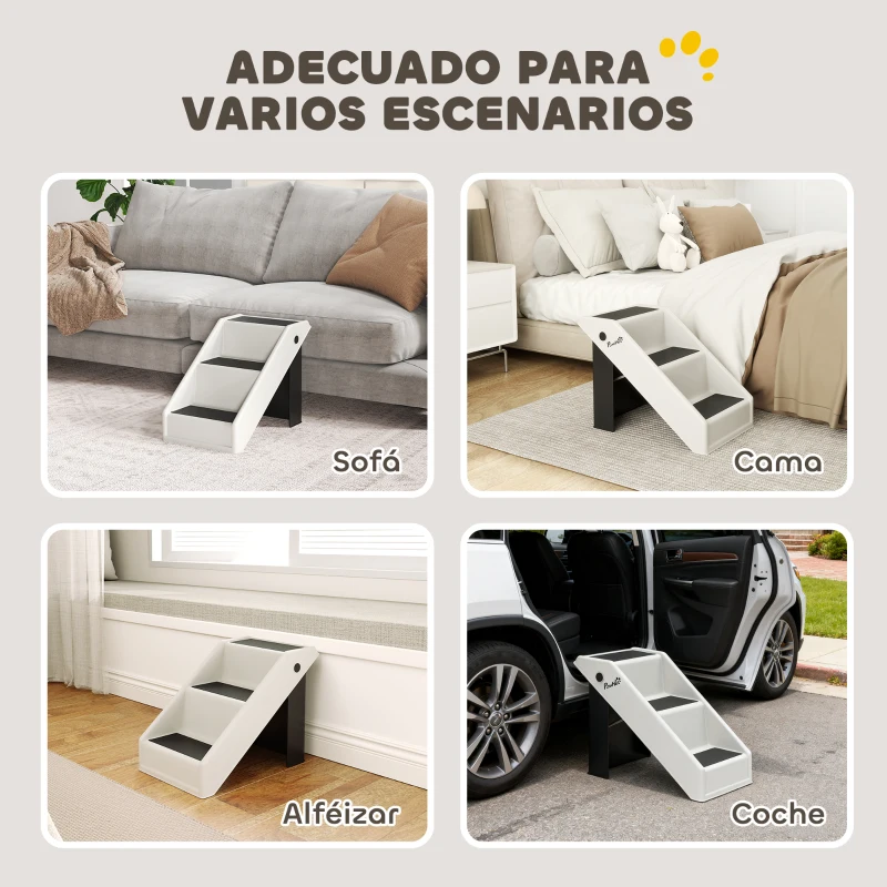 PawHut Escalera para Perros Plegable de 3 Peldaños para Mascotas Mayores para Cama Sofá 53x30,5x36,5 cm Crema
