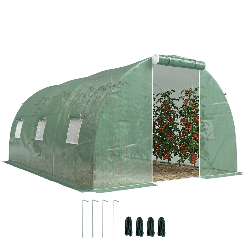 Outsunny Serre de jardin tunnel 13,5 m² 6 fenêtres porte zippée enroulable châssis acier galvanisé bâche PE 4,5 x 3 x 2 m vert