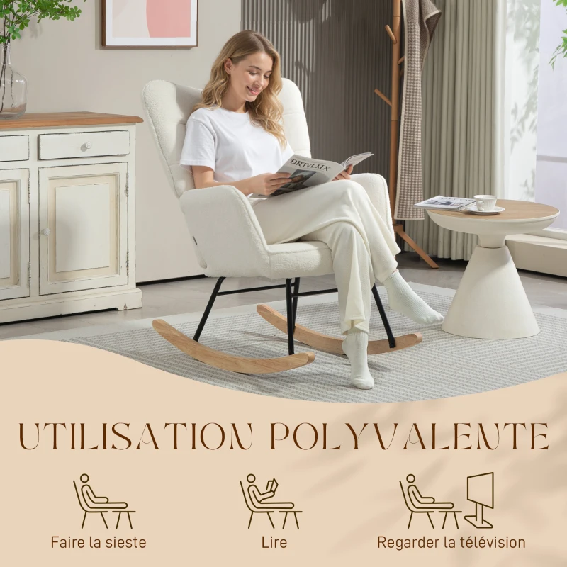 HOMCOM Fauteuil à bascule rocking chair revêtement effet laine bouclée, structure en acier 71 x 98 x 101 cm blanc