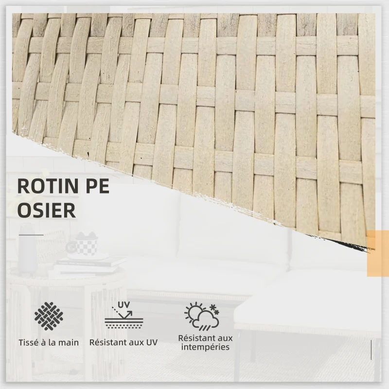 Outsunny Salon de jardin extérieur d'angle 3 places en résine tressée avec canapés, chaise longue, table basse et coussins, crème