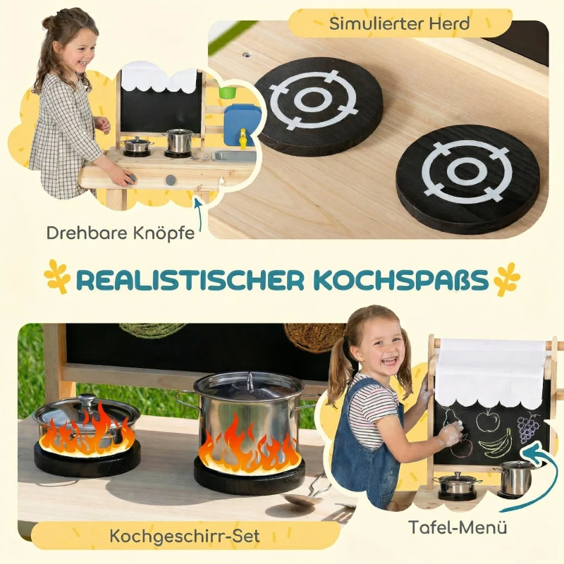 AIYAPLAY Matschküche Kinder Outdoor, Spielküche aus Holz mit echtem Wasserhahn, Spüle, Herd, Ablagefach, Wassertank, Naturholz