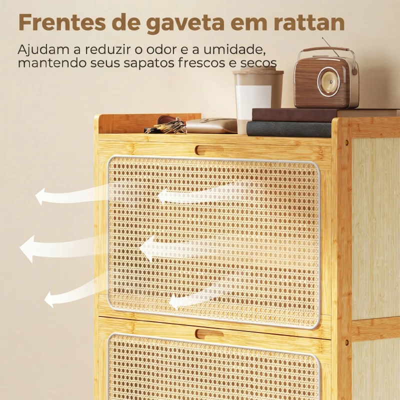 HOMCOM Sapateira com 2 Compartimentos Basculantes Sapateira Estilo Bohemio Estreita com Prateleiras Ajustáveis para 12-14 Pares de Sapatos 69x29x83 cm Madeira