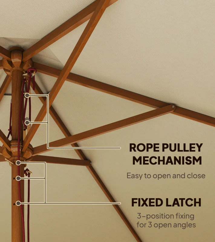 Outsunny 2.5m Wood Garden Parasol Sun Shade Patio Outdoor Wooden Umbrella Canopy, Table Market Umbrella with Vent, 38mm Pole, Rope Pulley Mechanism, Cream White
