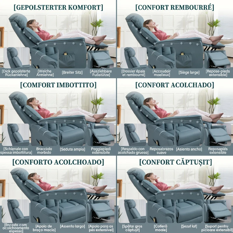 HOMCOM Fotoliu Relax Rabatabil Electric cu Funcție Alzător, Telecomandă și Suport pentru Picioare, 80x94x104cm, Albastru