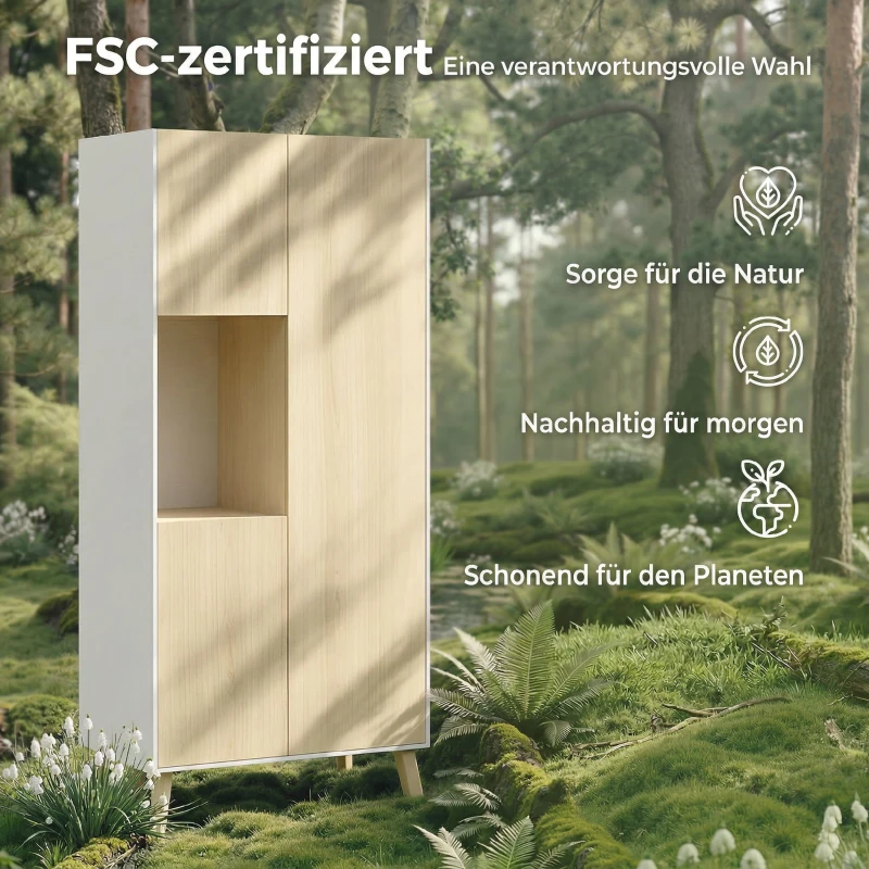 HOMCOM 170 cm Küchenschrank, Moderner Schrank mit offenem Fach, verstellbaren Regalen, Naturholz-Optik