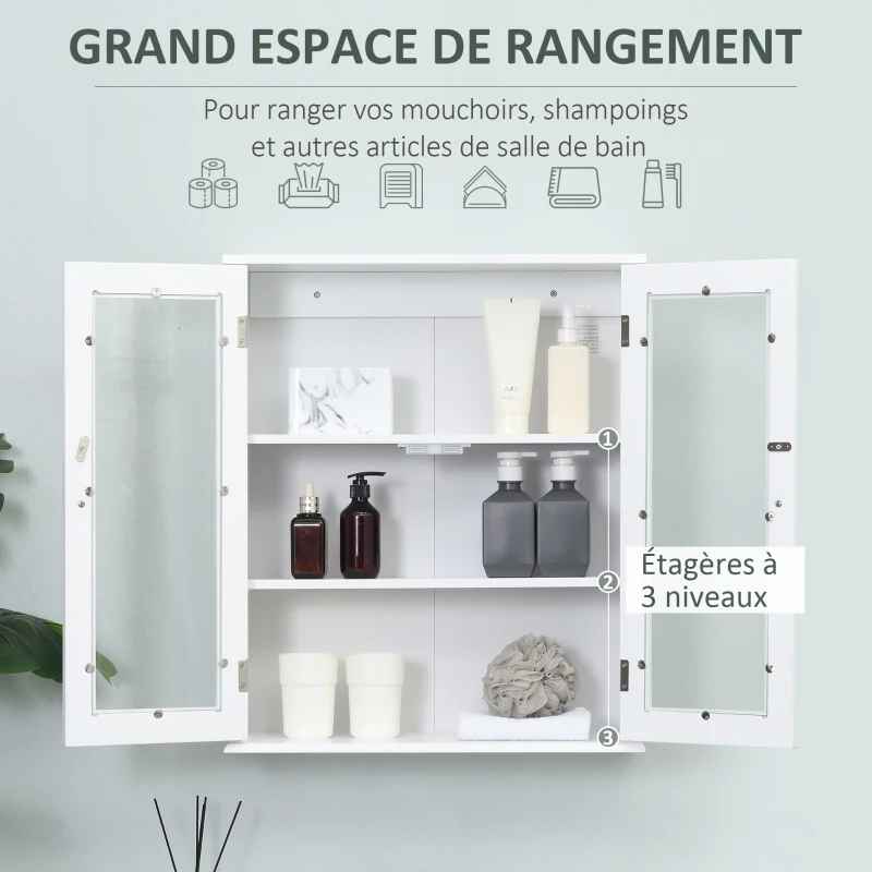kleankin Armoire murale de salle de bain, meuble haut salle de bains avec 2 portes en verre, étagère réglable, 55x20x65cm, blanc