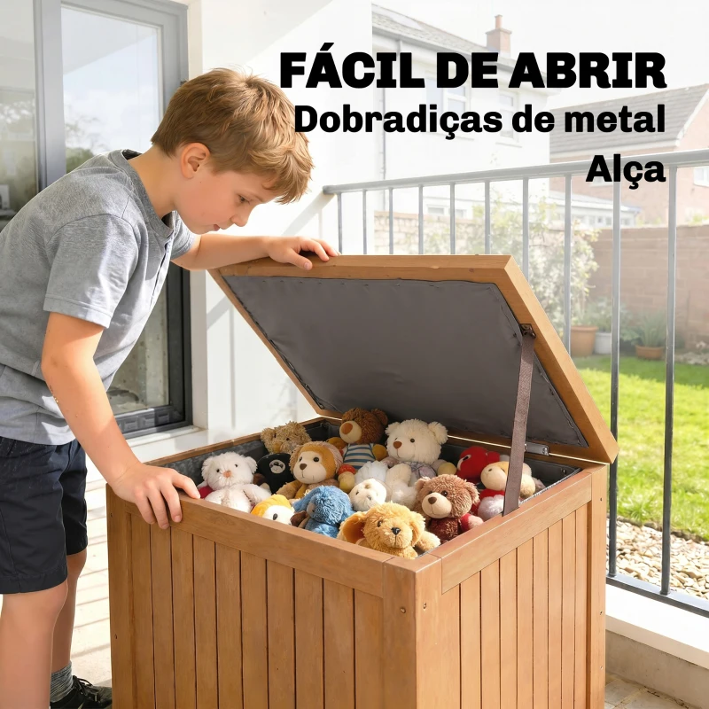 Outsunny Baú de Exterior em Madeira 130L Arca de Armazenamento com Forro Tampa Articulada e Correia 63x51x58,5 cm Castanho