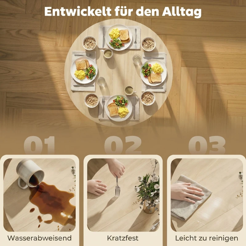 HOMCOM Klappbarer Esstisch, 80 cm Runder Klapptisch mit Stahlrahmen, Platz für 2-4 Personen, Naturholz-Optik