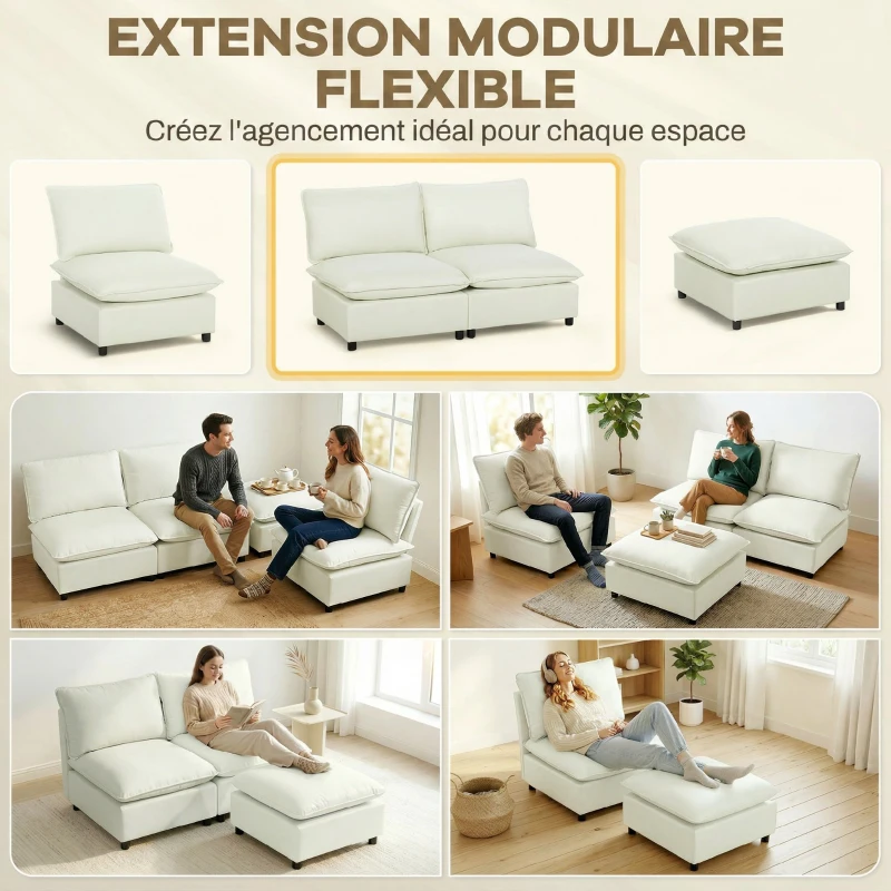 HOMCOM Canapé 2 places modulable, canapé de salon moderne 146 cm sans accoudoirs avec assise large, coussins épais, crème