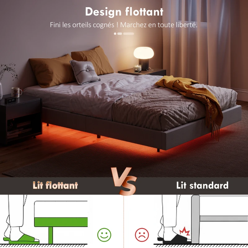 HOMCOM Cadre de lit flottant 140 x 190 cm avec éclairage LED, lit double rembourré en lin, sommier à lattes en bois, beige