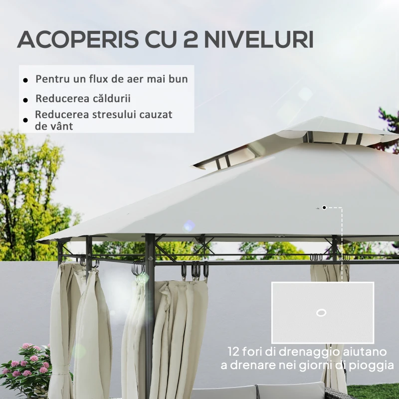 Outsunny Foișor de Grădină 3x4 m cu Perdele Detașabile, Acoperiș Dublu și Structură din Metal, Crem