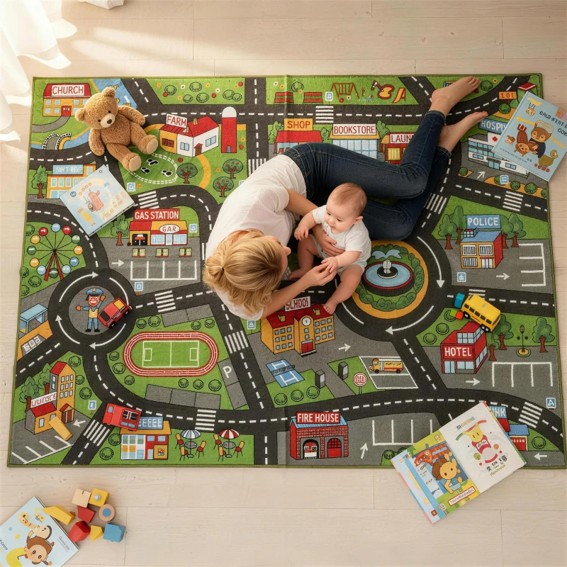 AIYAPLAY Krabbelmatte Baby, Spielmatte 200x150x0,5cm, Rutschfest Krabbeldecke mit Rutschfester Unterseite Stadtmotiv für Kinderzimmer
