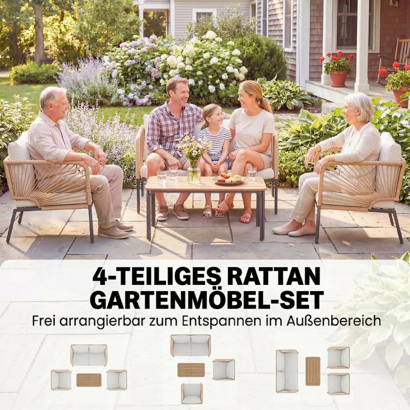 Outsunny Gartenmöbel Set Sitzgruppe für 4 Personen Gartenlounge mit 2er Sofa 2 Sessel Lamell-Tisch Seilflecht waschbar Sitzkissen