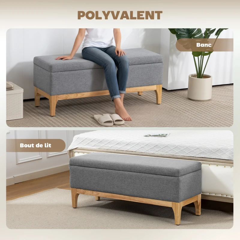 HOMCOM Banc de rangement, coffre de rangement avec couvercle amovible style scandinave, en tissu lin, 110 x 39 x 45 cm, gris