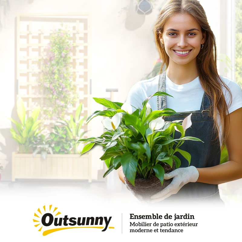 Outsunny Jardinière avec treillis, bac à fleurs avec roues, pour plantes grimpantes, bois massif, 82,5x35x186cm, bois naturel