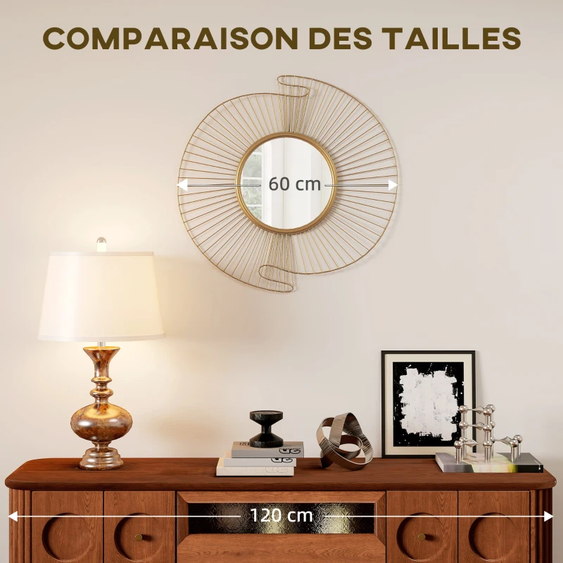 HOMCOM Miroir décoratif rond 60 cm avec fixation à 360°, décoration murale en métal moderne avec détails plissés, doré