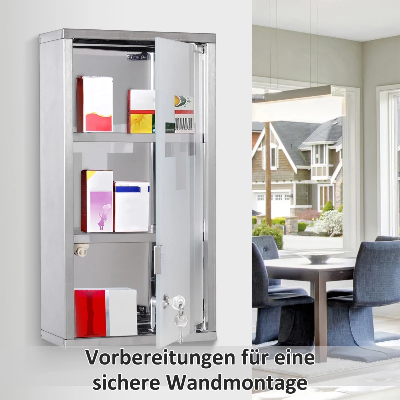 HOMCOM Medizinschrank aus Edelstahl Arzneischrank zur Medikamenten-Aufbewahrung, Abschließbar Medikamentenschrank mit 3 Fächer, Glastür 25 x 12 x 48 cm, Silber