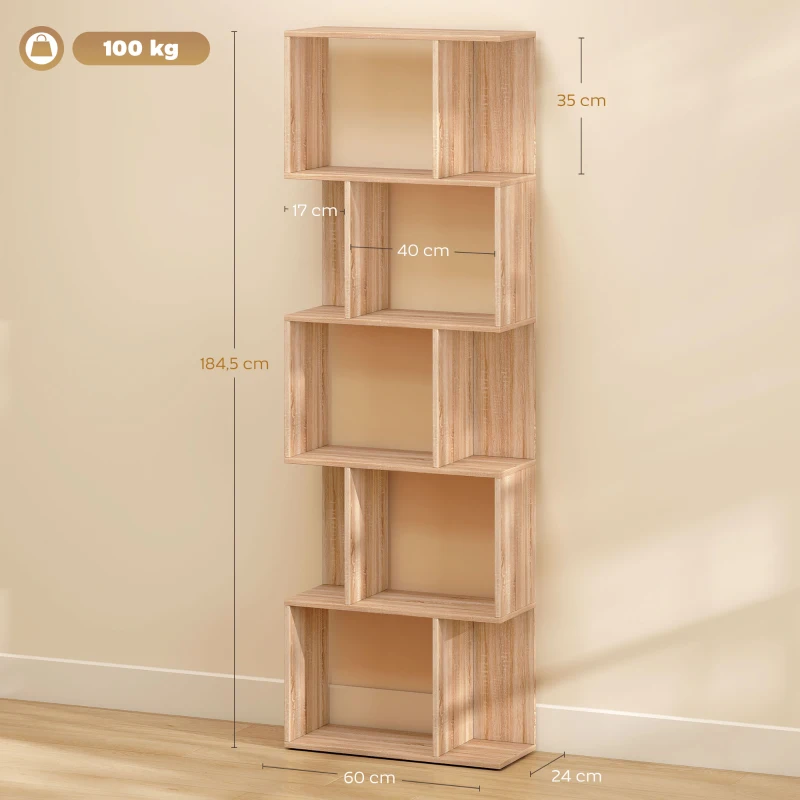 HOMCOM Bibliothèque à 5 niveaux, meuble de rangement en forme de S avec étagères, 60 x 24 x 184,5 cm, effet bois naturel