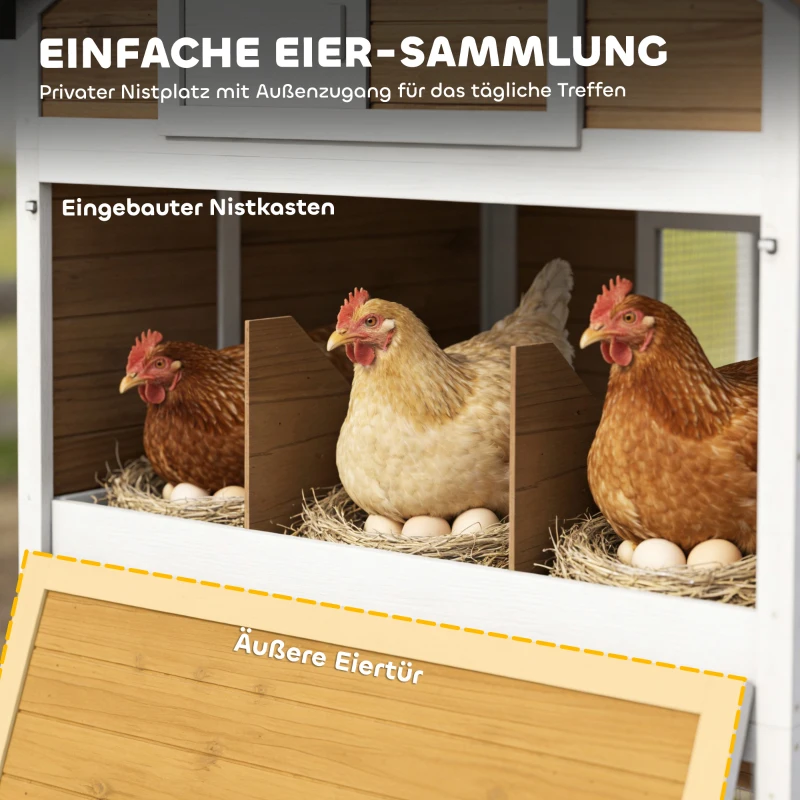 PawHut Hühnerstall Hühnerhaus mit Auslauf Nistkasten herausziehbarem Tablett Asphaltdach für 4 Hühner 200x104x145cm Holz Braun