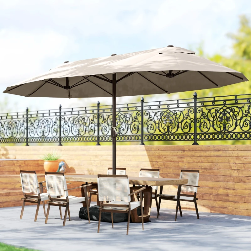 Outsunny Ombrellone da Giardino Doppio a 12 Stecche con Base a Croce e Apertura a Manovella, Ombrellone da Terrazzo con Sacchi di Sabbia, in Acciaio e Poliestere, 455x265x238 cm, Cachi