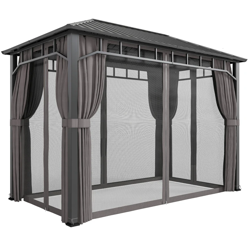 Outsunny 2 x 3.5 m Hardtop Gazebo with Galvanised Steel Roof, Waterproof Permanent Pavilion Garden Gazebo with Netting and Curtains for Patio, Deck, Dark Grey