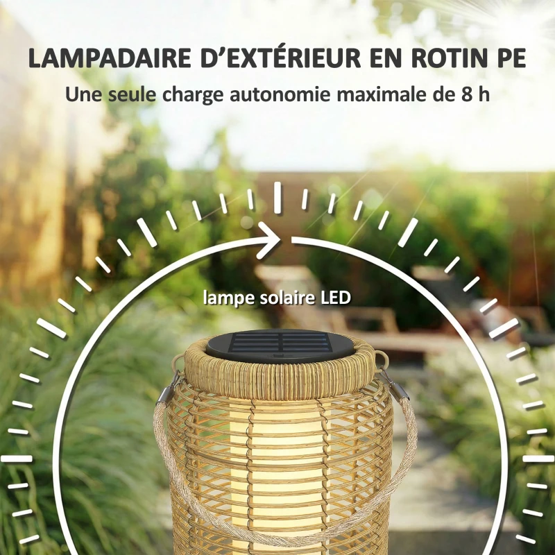 Outsunny Lot de 2 Lampadaire Extérieur Solaire en Résine Tressée Luminaire LED de Jardin en Acier Marche/Arrêt Automatique Sable