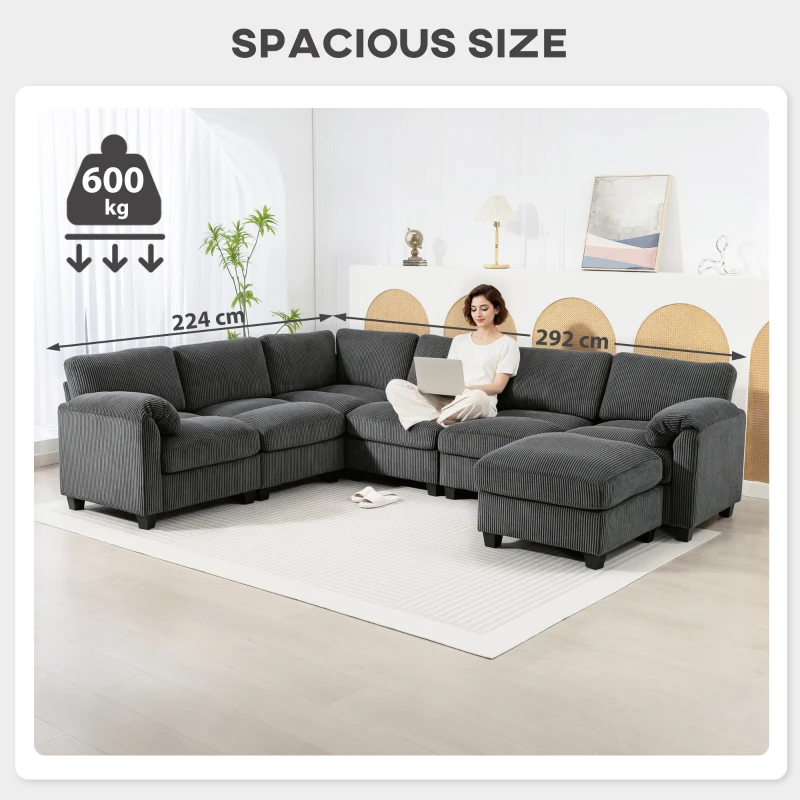 HOMCOM Narożna sofa w kształcie U, sofa z sprężynami kieszeniowymi, wyściełane podłokietniki, ruchomy szezlong, sztruks, 292x224x85 cm, ciemnoszary
