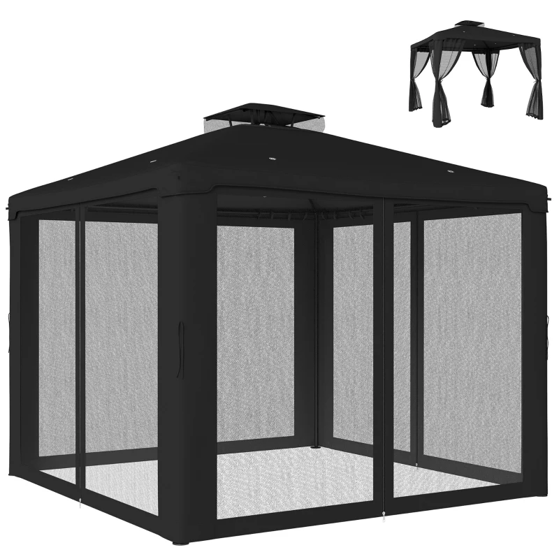 Outsunny 3 x 3 m Metal Gazebo, Garden Pavillion, Double Roof Outdoor Canopy Shelter with Mesh Sidewalls, Black
