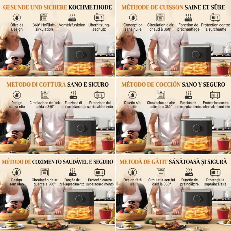 Frigider cu Aer HOMCOM de 8L, 1700W cu 8 Programe și Circulație de Aer Cald la 360°, Display LED, Negru